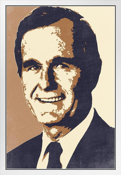 President George HW Bush 41 Pop Art Portrait Republican Politics Politician Sepia White Wood Framed Art Poster 14x20