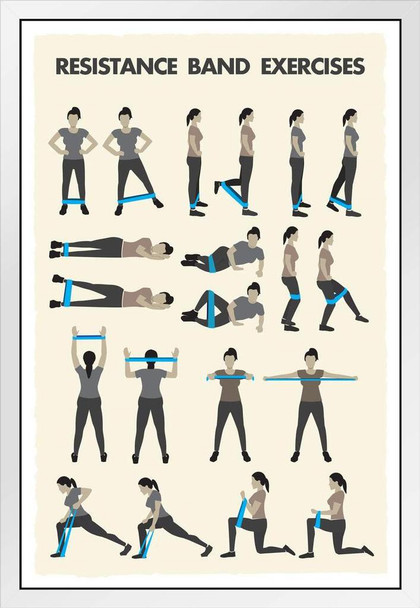 Workout Posters For Home Gym Resistance Bands Training Exercise Chart Fitness Reference White Wood Framed Art Poster 14x20