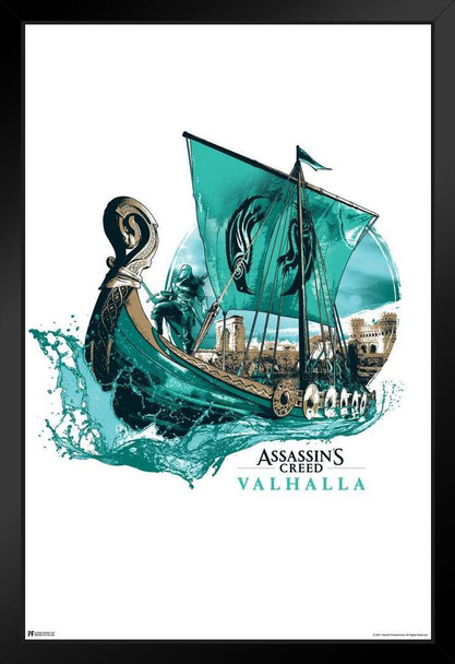 Assassins Creed Valhalla Merchandise Viking Ship White Background Video Game Video Gaming Gamer Collectibles Eivor Varinsdottir Black Wood Framed Art Poster 14x20
