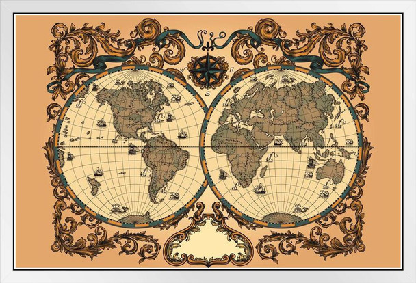 Ornate World Renaissance Period Vintage Antique Style Map Travel World Map Posters for Wall Map Art Wall Decor Geographical Illustration Travel Destinations White Wood Framed Art Poster 20x14