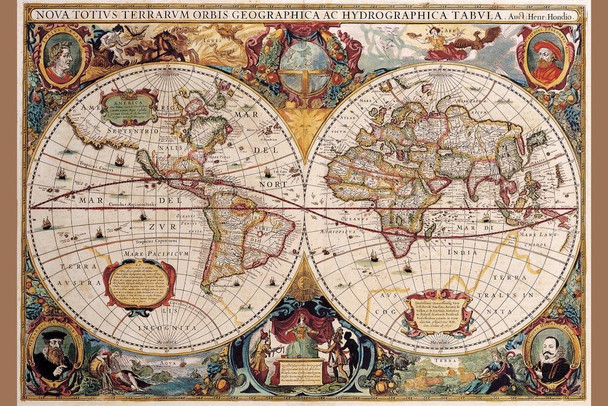 World Map Poster 17th Century Antique Vintage Historic Educational Classroom Globe Projection Cool Wall Decor Art Print Poster 36x24