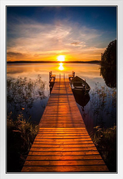 Sunset Over The Fishing Pier At Finland Lake Photo National Mountain Nature Landscape Park Scenic Scenery Parks Picture Dock Water White Wood Framed Art Poster 14x20