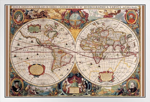World Map Poster 17th Century Antique Vintage Historic Educational Classroom Globe Projection White Wood Framed Art Poster 14x20