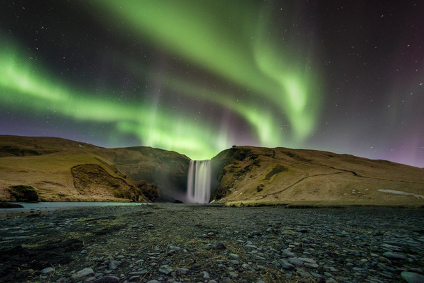 Skogafoss Waterfall Aurora Polaris KP9 Skoga River Iceland Photo Photograph Cool Wall Art Print Poster 18x12