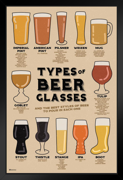 Types of Beer Glasses and Styles of Beer Reference Guide Chart Home Bar Decor Pub Decor IPA Beer Mug Pint Glass Beer Sign Porter Stout Ale Beer Stein Brewing Black Wood Framed Art Poster 14x20