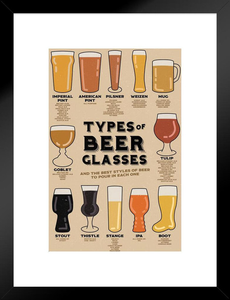 Types of Beer Glasses and Styles of Beer Reference Guide Chart Home Bar Decor Pub Decor IPA Beer Mug Pint Glass Beer Sign Porter Stout Ale Beer Stein Brewing Matted Framed Art Wall Decor 20x26