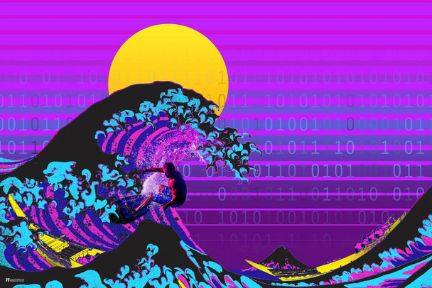 Great Wave Surfer Surfing Vaporwave Aesthetic Decor Retro Vintage 90s Y2K Room Decor Neon Pink Bedroom Decor Indie Vibey Aesthetic Vaporwave Art Japanese Art Cool Wall Art Print Poster 24x36