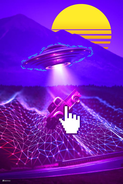 Laminated Not Again UFO Pickup Truck Alien Abduction Alley Photo Vaporwave Decor Retro Vintage 90s Y2K Room Decor Neon Pink Bedroom Decor Indie Vibey Poster Dry Erase Wall Art 24x36