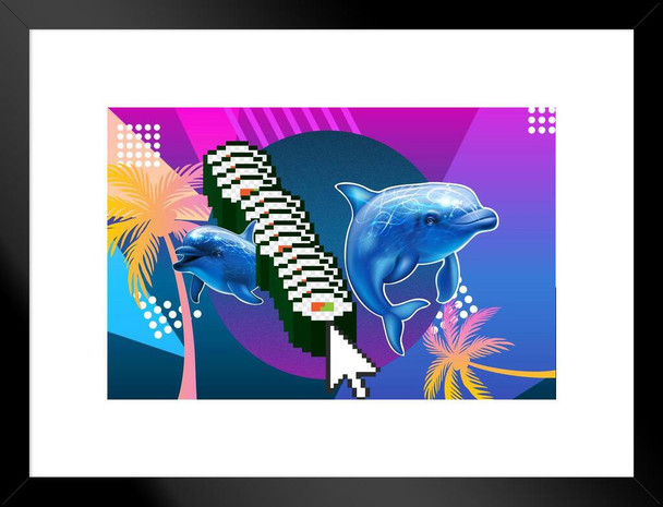 California Roll Sushi Dolphin Palm Trees Vaporwave Aesthetic Decor Retro Vintage 90s Y2K Room Decor Neon Pink Bedroom Decor Indie Vibey Aesthetic Meme Chill Matted Framed Art Wall Decor 20x26