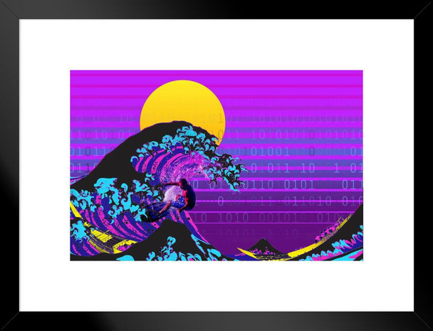 Great Wave Surfer Surfing Vaporwave Aesthetic Decor Retro Vintage 90s Y2K Room Decor Neon Pink Bedroom Decor Indie Vibey Aesthetic Vaporwave Art Japanese Art Matted Framed Art Wall Decor 20x26