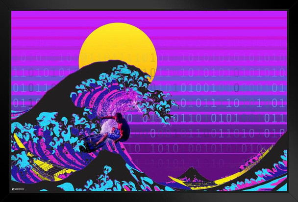 Great Wave Surfer Surfing Vaporwave Aesthetic Decor Retro Vintage 90s Y2K Room Decor Neon Pink Bedroom Decor Indie Vibey Aesthetic Vaporwave Art Japanese Art Black Wood Framed Art Poster 14x20