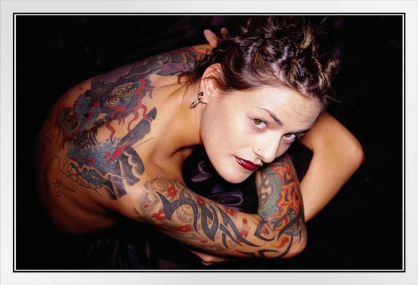 Hot Sexy Tattooed Brunette Woman Crouching Photo Photograph White Wood Framed Poster 20x14