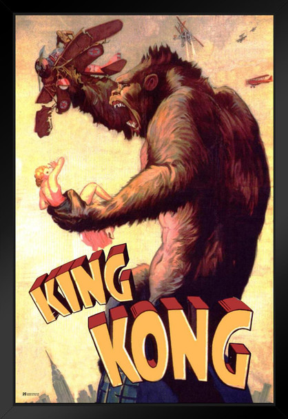 King Kong 1933 Airplanes Retro Vintage Classic Hollywood Film Giant Ape Monkey Kaiju Horror Movie Poster Monster Merchandise Original King Kong Black Wood Framed Art Poster 14x20