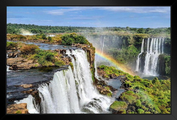 Iguazu Falls Rainbow Cataratas do Iguacu Waterfall Natural Wonder Nature Photograph Drone Photography Argentina Brazil Tropical Nature Decor Landscape Beautiful Black Wood Framed Art Poster 14x20