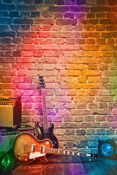 Colorful Spotlights on Brick Wall Music Stage with Instruments Photo Photograph Cool Wall Decor Art Print Poster 12x18