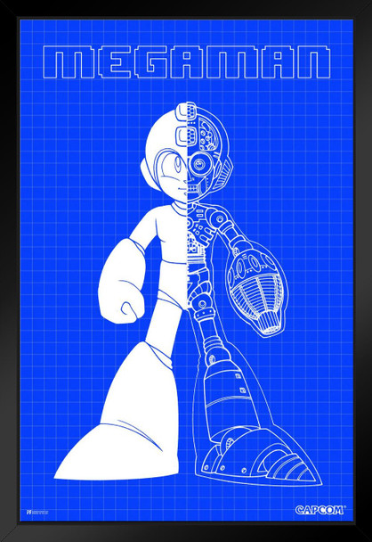 Mega Man Blueprint Art Video Game Video Gamer Classic Retro Vintage 90s Gaming MegaMan Capcom Legacy Collection Megaman 11 Mega Man X Dr Wily Black Wood Framed Art Poster 14x20