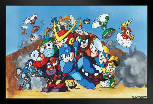 Mega Man 2 Bosses Video Game Video Gamer Classic Retro Vintage 90s Gaming MegaMan Capcom Legacy Collection Megaman 11 Mega Man X Dr Wily Black Wood Framed Art Poster 14x20