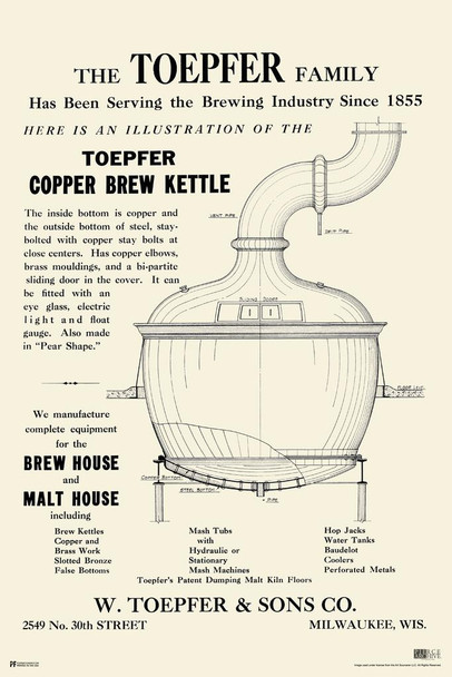 Copper Brew Kettle Illustration Toepfer Family Milwaukee Vintage Brewery Decor Retro Decor Man Cave Stuff Bar Accessories Kitchen Decor Beer Signs Craft Beer Stretched Canvas Art Wall Decor 16x24