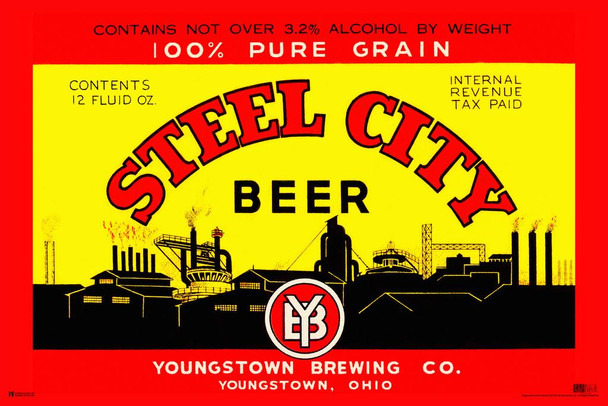 Steel City Beer Pennsylvania Pittsburgh Youngstown Brewing Company Vintage Brewery Decor Retro Decor Man Cave Bar Accessories Kitchen Decor Beer Signs Craft Cool Huge Large Giant Poster Art 36x54