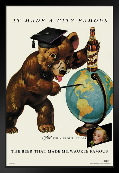Schlitz Beer Bear With Globe The Beer That Made Milwaukee Famous Vintage Brewery Decor Retro Decor Man Cave Stuff Bar Accessories Kitchen Decor Beer Signs Craft Black Wood Framed Art Poster 14x20