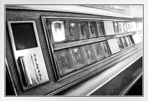 Vintage Jukebox Music Buttons Black White Photo Poster Selection Keys Retro Diner Bar Stereo Photograph White Wood Framed Art Poster 20x14