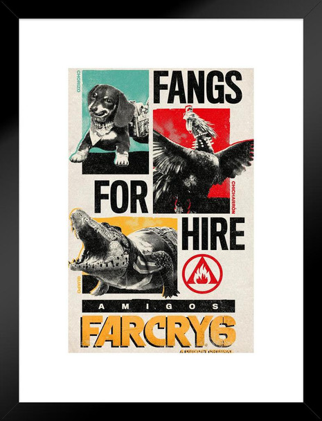 Far Cry 6 Fangs For Hire Chorizo Guapo Chicharron Video Game Gaming Gamer Far Cry Merchandise Collectibles Collectors Edition Far Cry Merch Far Cry 6 Poster Matted Framed Art Wall Decor 20x26