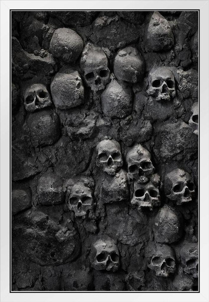 Skulls Stacked in Wall Skeleton Spooky Horror Photo Photograph Human Anatomy Scary White Wood Framed Art Poster 14x20