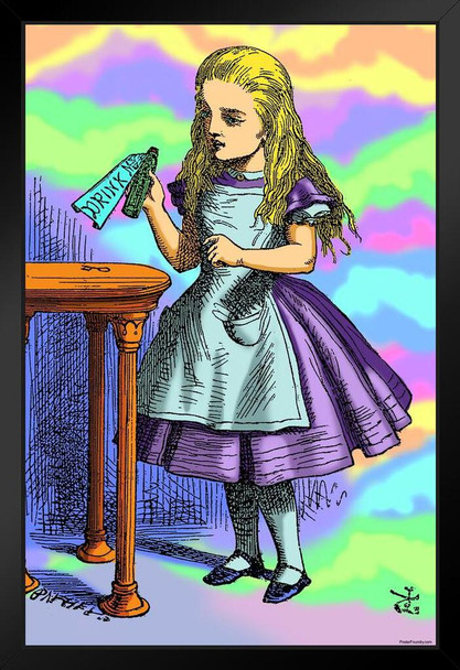 Alice in Wonderland Drink Me Bottle Shrinking Potion Psychedelic Trippy Aesthetic Black Wood Framed Art Poster 14x20