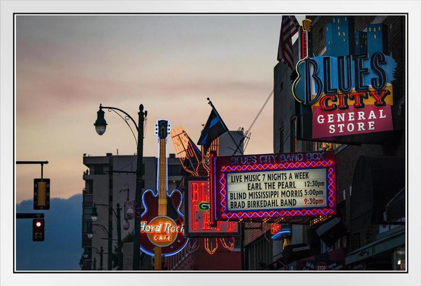 Neon Signs on Beale Street Memphis Tennessee Photo Photograph White Wood Framed Poster 20x14