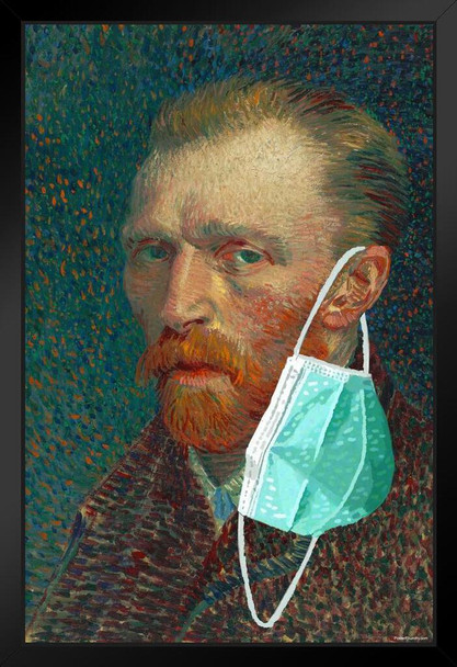 Vincent Van Gogh Mask Self Portrait Funny Ear Masked Pandemic Meme Classic Art Parody Black Wood Framed Art Poster 14x20