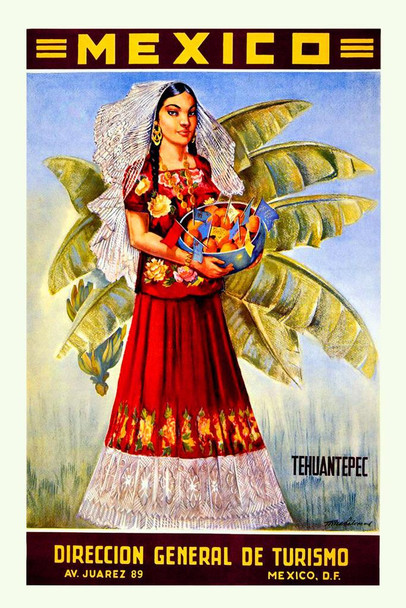 Laminated Mexico Oaxaca Tehuantepec General De Turismo Tourism Mexican City Spanish Vintage Illustration Travel Poster Dry Erase Sign 24x36