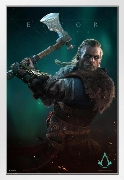 Assassins Creed Valhalla Merchandise Eivor Varinsdottir Runes Male Video Game Video Gaming Gamer Collectibles Viking White Wood Framed Poster 14x20