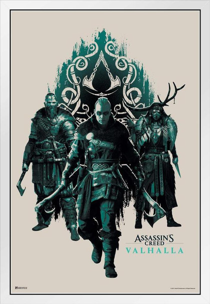 Assassins Creed Valhalla Merchandise Trio Vikings Video Game Video Gaming Gamer Collectibles Eivor Varinsdottir White Wood Framed Poster 14x20