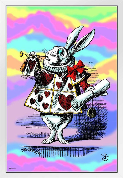 White Rabbit Card Suit Alice In Wonderland Through the Looking Glass Psychedelic Trippy Room Decor Aesthetic Vintage Retro Hippie Decor Mad Hatter Tea Party White Wood Framed Poster 14x20