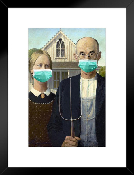 American Gothic Wearing Masks Funny Grant Wood Masked Pandemic Meme Classic Art Parody Matted Framed Art Wall Decor 20x26