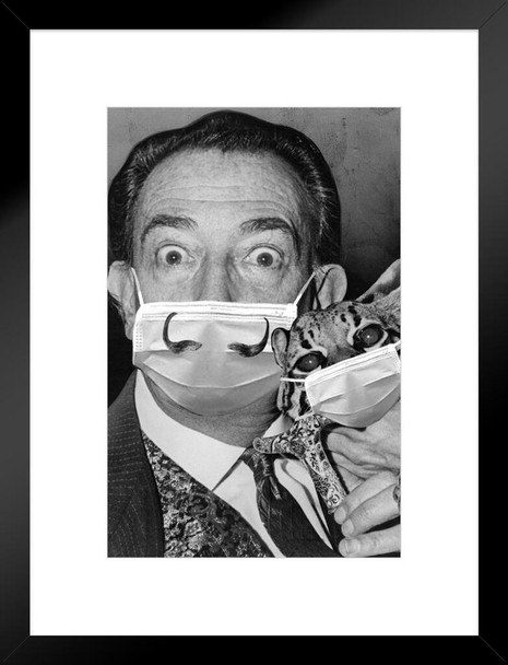 Salvador Dali Mustache Mask Ocelot Cat Funny Artist Masked Pandemic Meme Parody Matted Framed Art Wall Decor 20x26