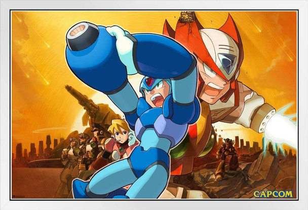 Mega Man X Mural Video Game Video Gamer Classic Retro Vintage 90s Gaming MegaMan Capcom Legacy Collection Megaman 11 Mega Man X Dr Wily White Wood Framed Poster 14x20