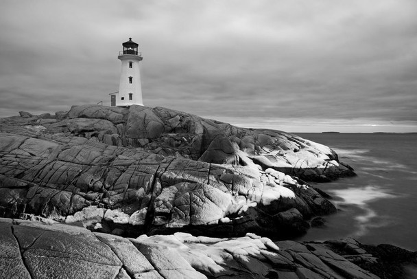 Laminated Peggys Cove Lighthouse 1915 Nova Scotia Canada Black White Photo Ocean Sea Coast Cliff Rocks Poster Dry Erase Wall Art 24x36