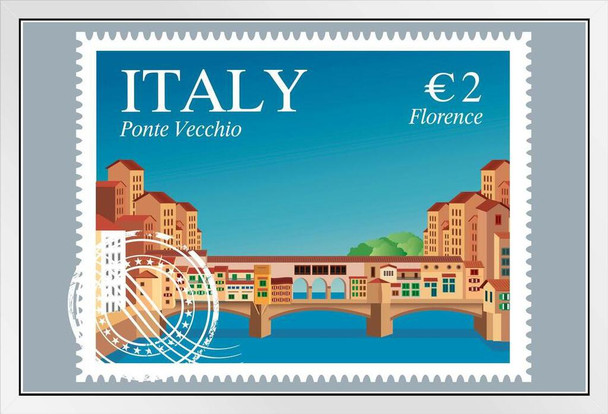 Italy Ponte Vecchio Travel Stamp White Wood Framed Poster 20x14