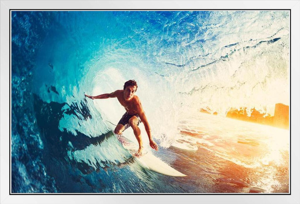 Surfer Surfing Blue Ocean Wave Photo Photograph Summer Beach Surfboard White Wood Framed Poster 14x20