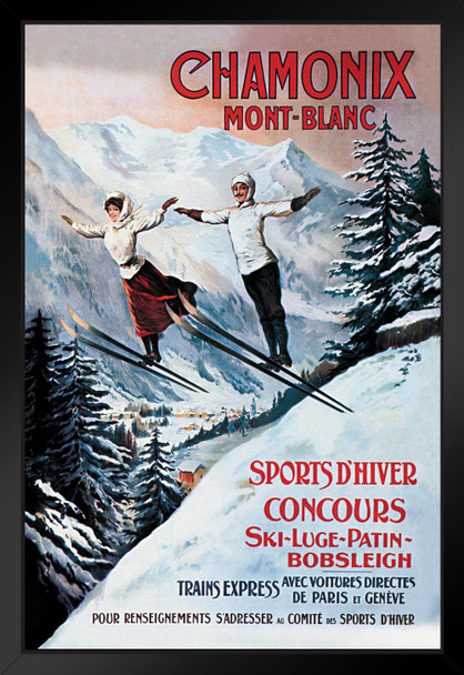 Chamonix Mont Blanc Skiing Ski Sport French Alps France Vintage Travel Ad Advertisement Black Wood Framed Poster 14x20