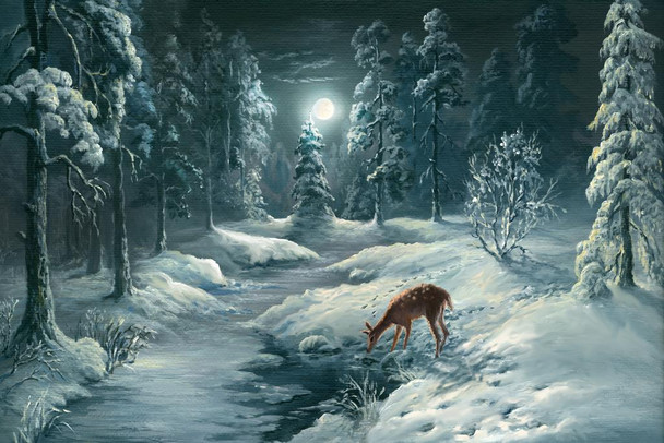 Laminated Deer in Snowy Winter Night Forest Oil Painting Whitetail Wall Art Deer Poster Deer Photo Deer Art Deer Pictures Wall Decor Deer Antler Pictures Deer Bedroom Poster Dry Erase Wall Art 12x18