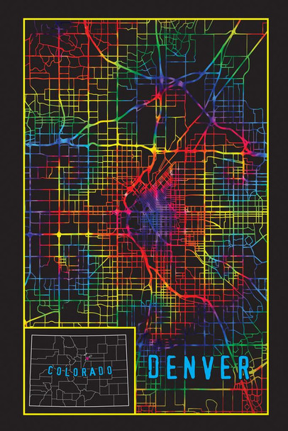 Denver Colorado Map Streets Mile High City Retro Vintage Tie Dye Cool Psychedelic Trippy Hippie Decor UV Light Reactive Black Light Eco Blacklight Poster For Room