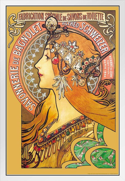 Savonnerie De Bagnolet Soap Alphonse Mucha Painting 1897 Art Nouveau Vintage Ad Advertisement White Wood Framed Poster 14x20