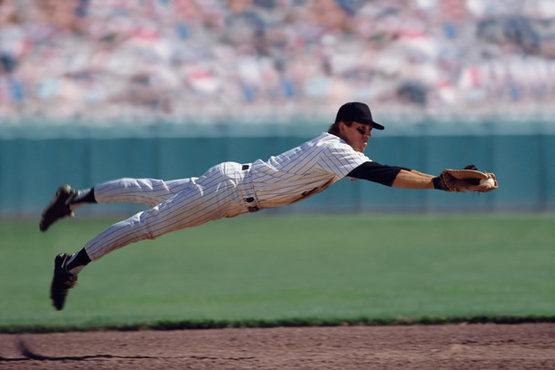 Baseball Player Diving to Catch Ball in Stadium Photo Photograph Cool Wall Decor Art Print Poster 18x12