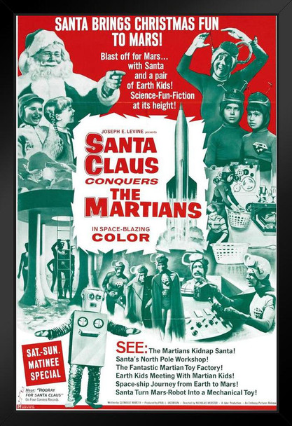 Santa Claus Conquers the Martians Funny Retro Vintage Christmas Movie Poster Science Fiction Merchandise Cult Classic Film Weird Christmas Decorations Black Wood Framed Poster 14x20