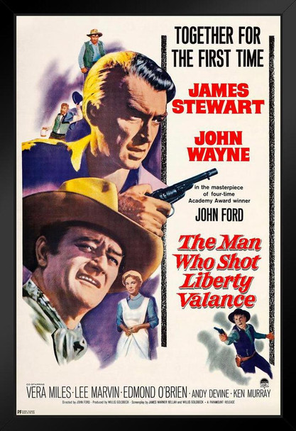 The Man Who Shot Liberty Valance John Wayne Movie Poster James Stewart Retro Vintage Western Decor Cowboy Western Movie Merchandise Collectibles Man Cave Stand or Hang Wood Frame Display 9x13