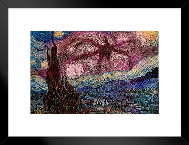 Spooky Starry Night Van Gogh Painting Parody Horror SciFi Strange Monster Hand Scary Thing Matted Framed Art Wall Decor 20x26