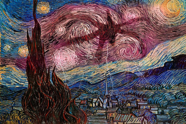 Spooky Starry Night Van Gogh Painting Parody Horror SciFi Strange Monster Hand Scary Thing Stretched Canvas Art Wall Decor 16x24