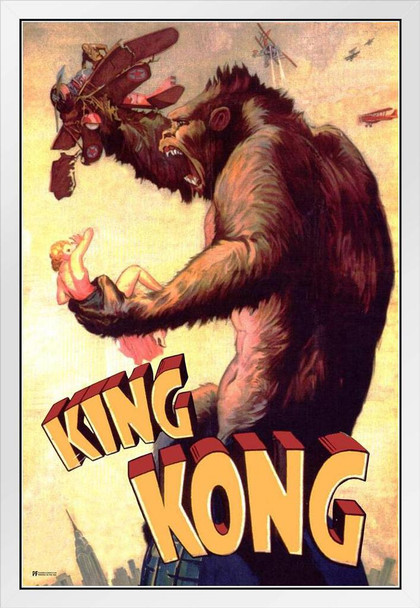 King Kong 1933 Airplanes Retro Vintage Classic Hollywood Film Giant Ape Monkey Kaiju Horror Movie Poster Monster Merchandise Original King Kong White Wood Framed Art Poster 14x20